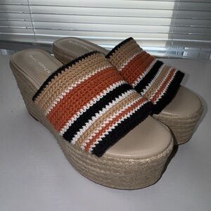 Marc Fisher Wedge Sandals - Tan, Orange, Black Stripes